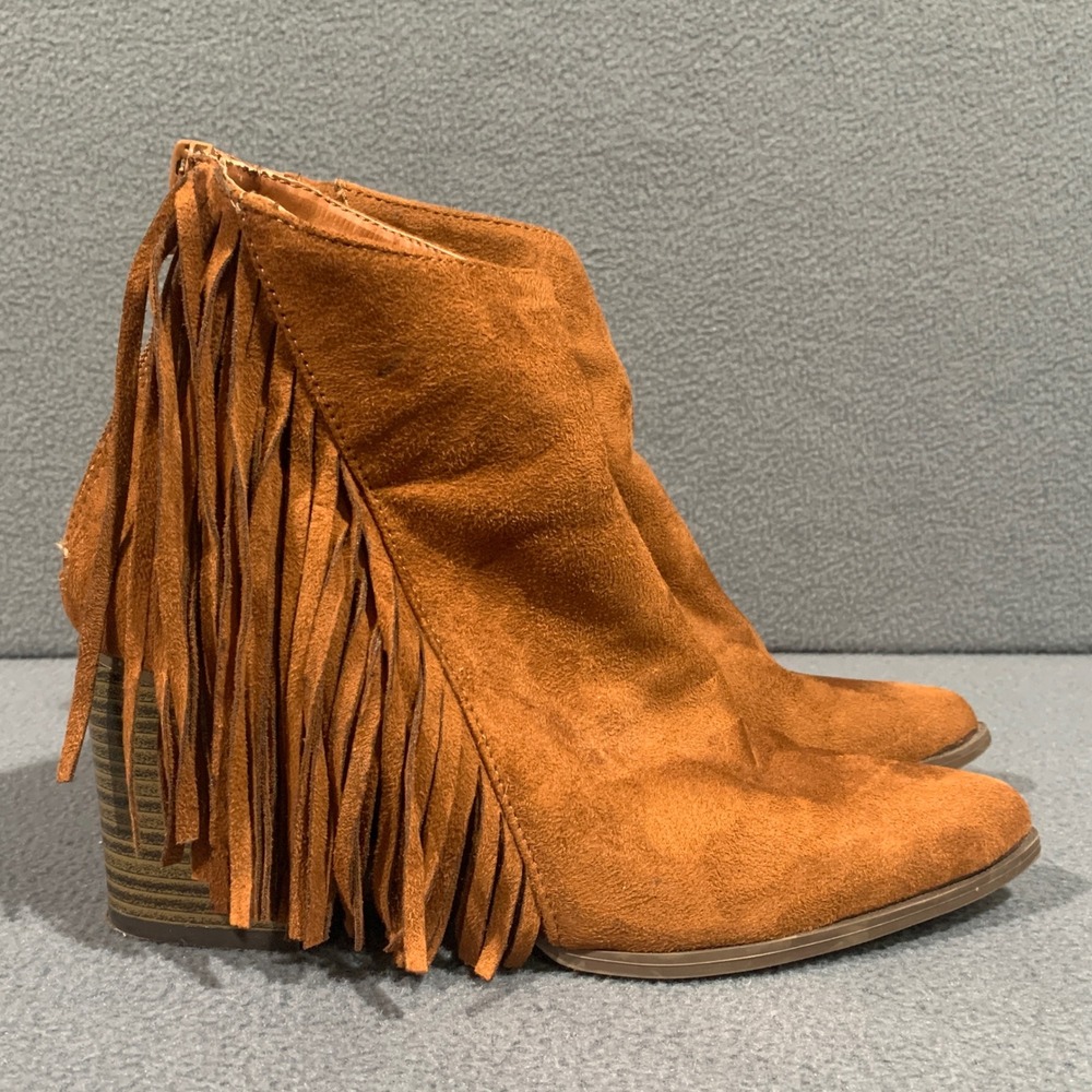 Fringe Ankle Boots for Women Size‎ 8 Brown Faux Suede Zip Back Heel Booties